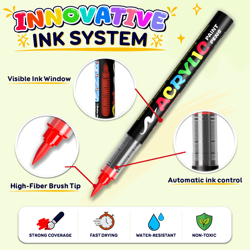 Acrylic Paint Marker Set with Soft Brush Tip - Multi-Surface Art Supplies