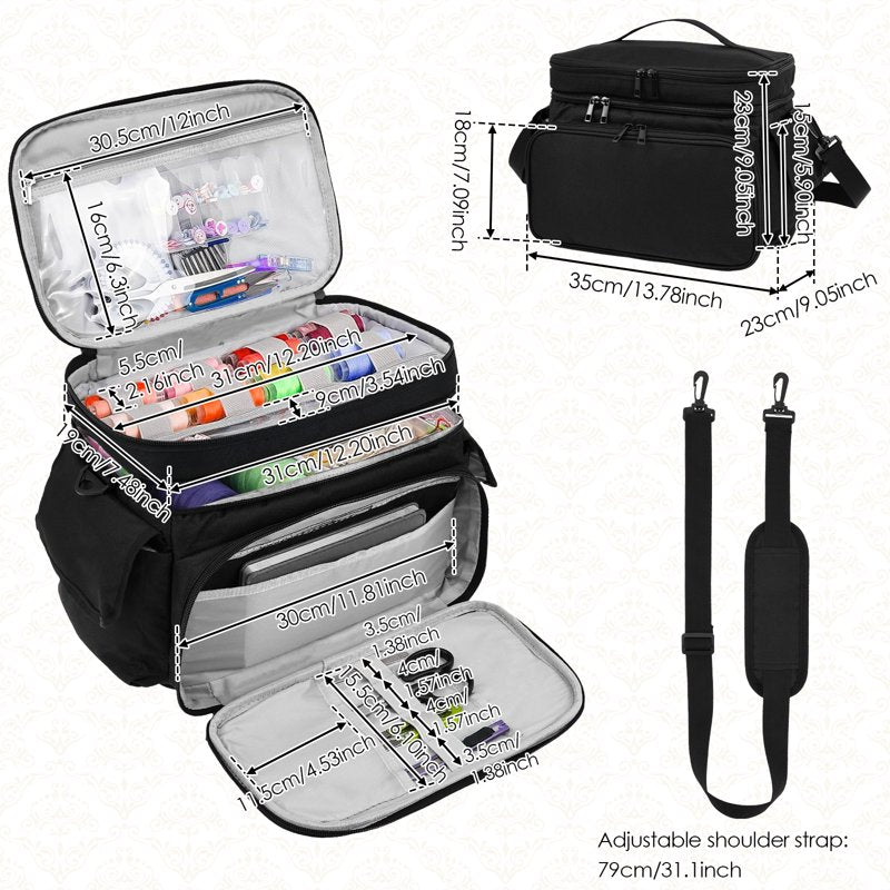 Large Double Layer Sewing Organizer Bag with Removable Dividers and Shoulder Strap