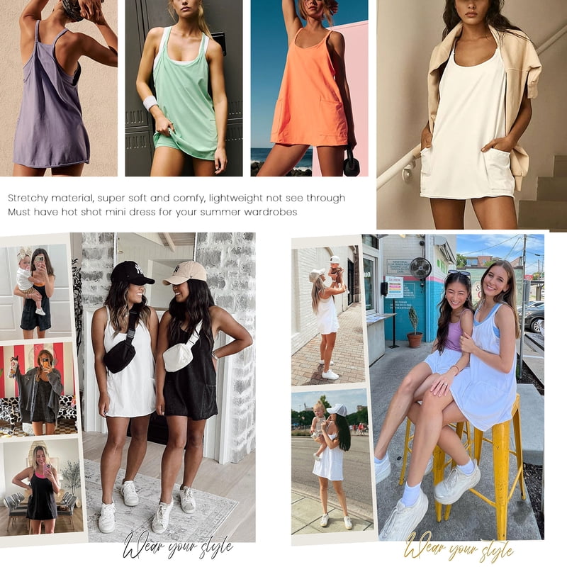 Women's Athletic Mini Dress with Built-In Shorts V Neck Sleeveless Workout Dress