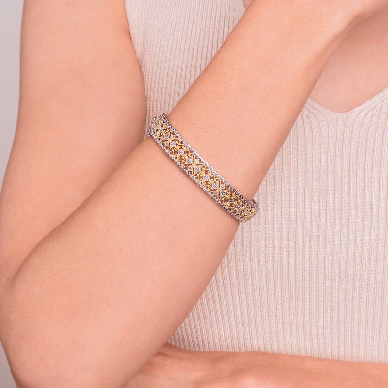 Forever Facets Diamond Accent Filigree Bangle in 18K Yellow Gold & Rhodium