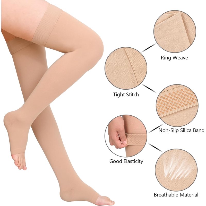 Unisex Thigh High Compression Socks 20-32mmHg with Toeless Design - Beige M