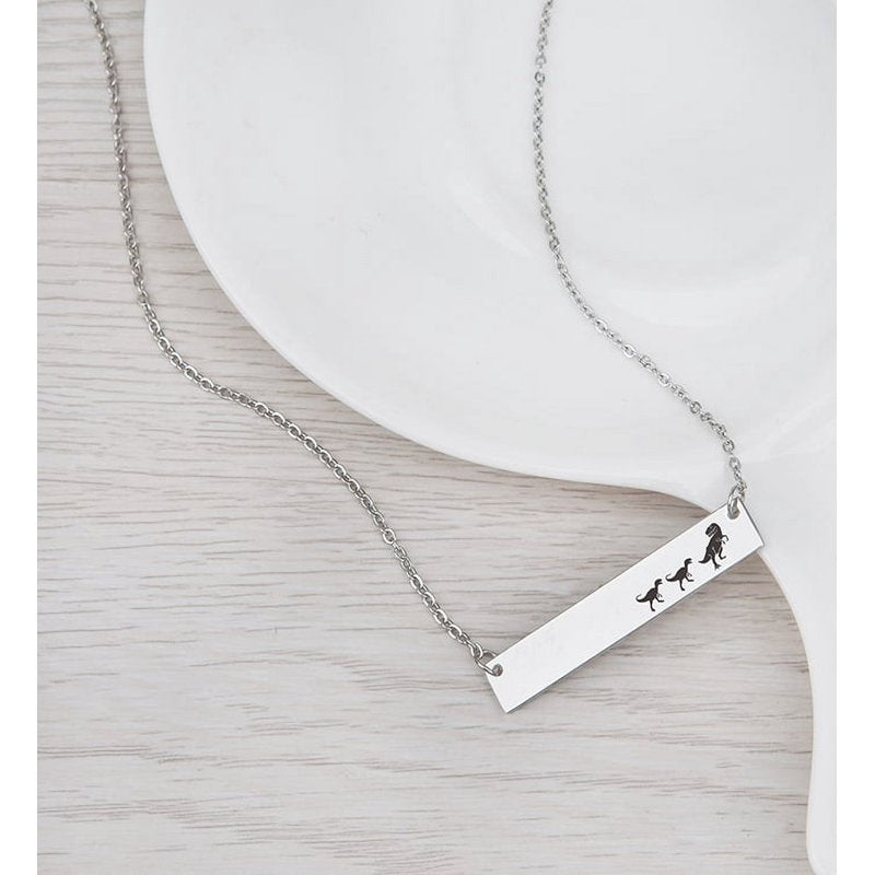 Personalized Dinosaur Family Necklace - Engravable Mama & Baby Bar Necklace - Silver, Rose Gold, Gold