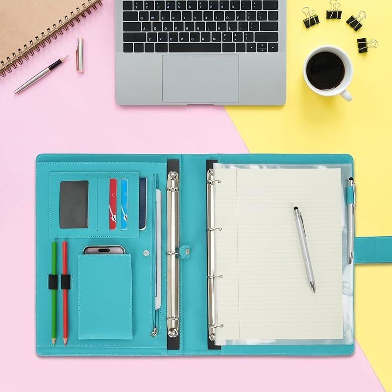 A4 Leather Portfolio Folder with Removable Binder & Multiple Pockets for Office Travel School