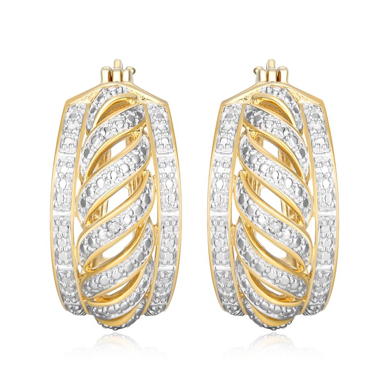 Diamond Accent Open Relief Hoop Earrings in 18k Yellow Gold Over Bronze - Elegant Gift-Ready Jewelry