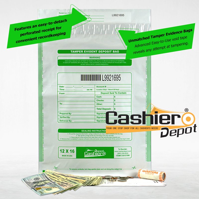 Tamper Evident Deposit Bags 12x16 White with Barcode & Serial Number - 100 Pack