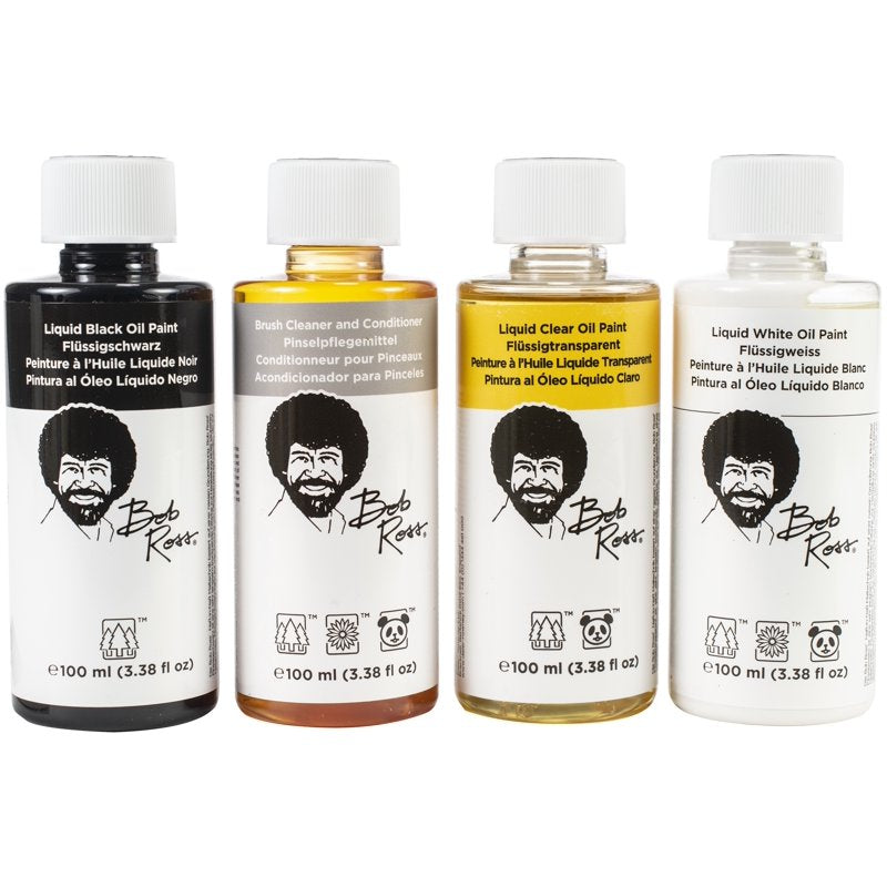 Bob Ross Oil Painting Base Coat Pack - Liquid White, Black, Clear & Brush Conditioner