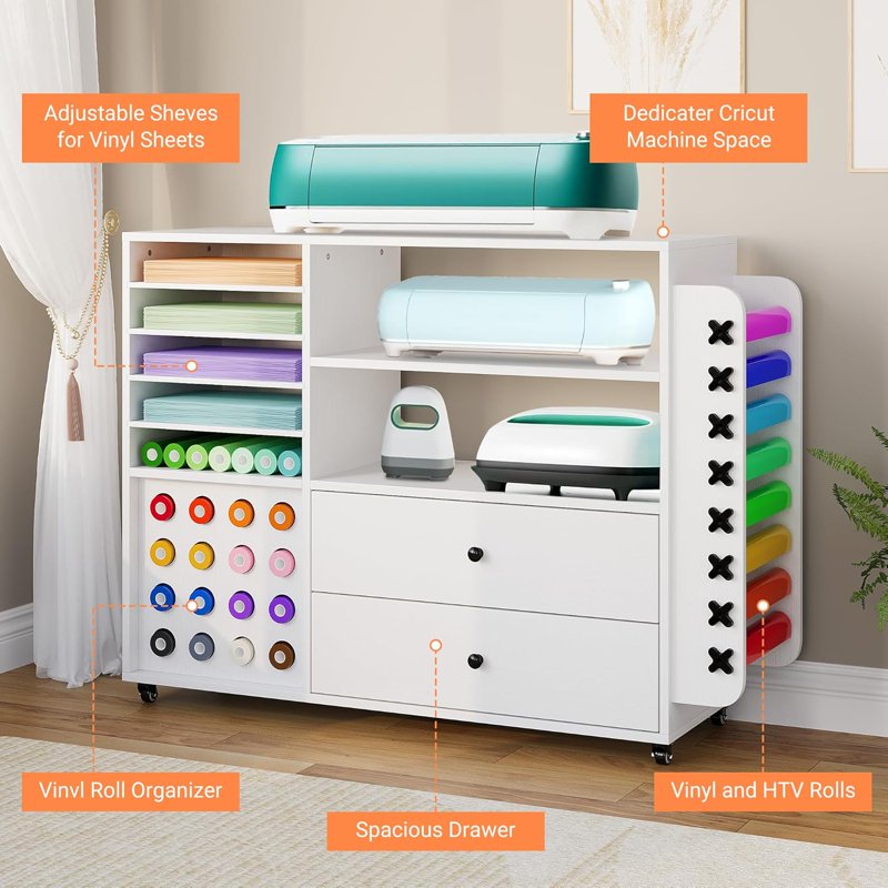 Craft Storage Cart with Vinyl Roll Holders and Large Drawers for Cricut Machines - White