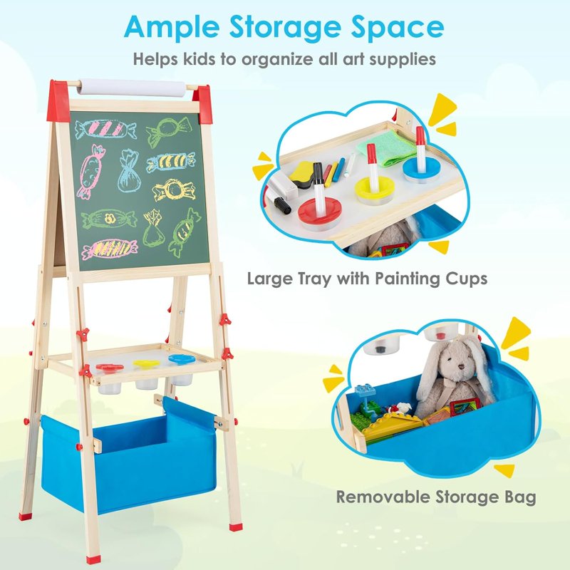Kids Wooden Art Easel with Magnetic Chalkboard Whiteboard & Paper Roll - Height Adjustable & Storage