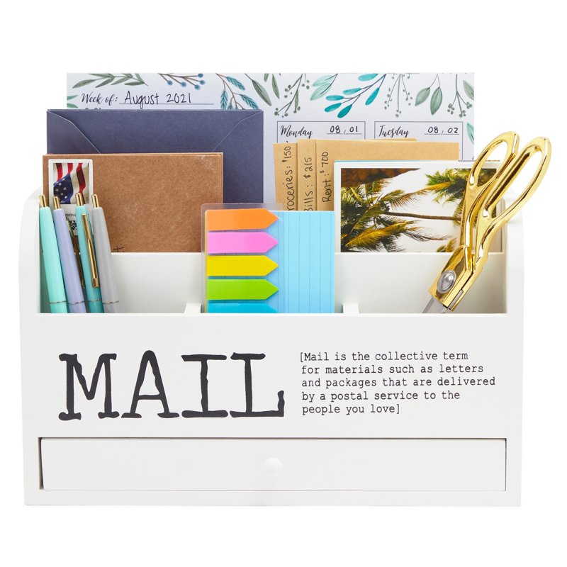 White Desktop Mail Organizer with Drawer - 3-Tier Wooden Countertop Storage Box