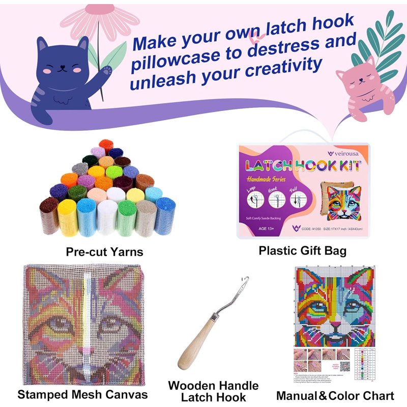 Latch Hook Craft Kit for Adults - Colorful Animal Pillow & Rug Making