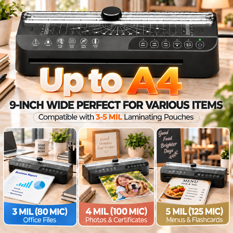 9-Inch A4 Thermal Laminator Machine Hot Cold Fast Warm-Up Anti-Jam with Corner Rounder