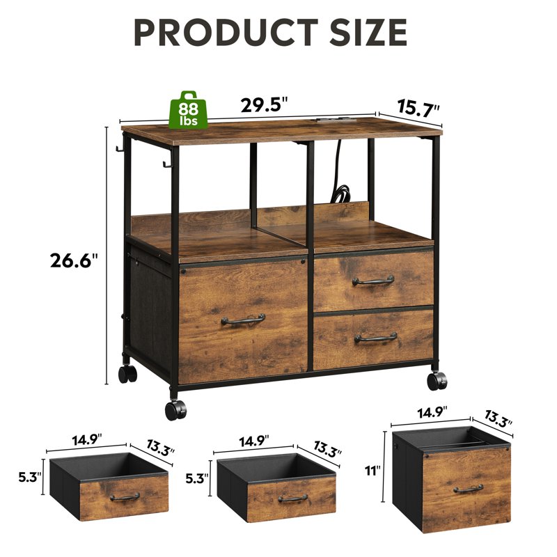 3 Drawer File Cabinet with Charging Station and Storage Shelves for Home Office