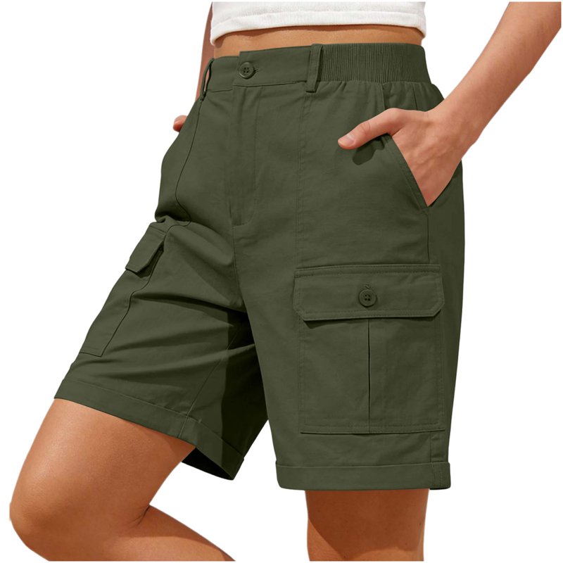 Women's Cargo Shorts with High Waist & Pockets - Summer Casual Twill Shorts