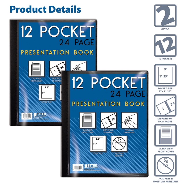 12-Pocket Presentation Book with Clear View Cover - Black, 24 Sheet Protectors, Letter Size, Pack of 2