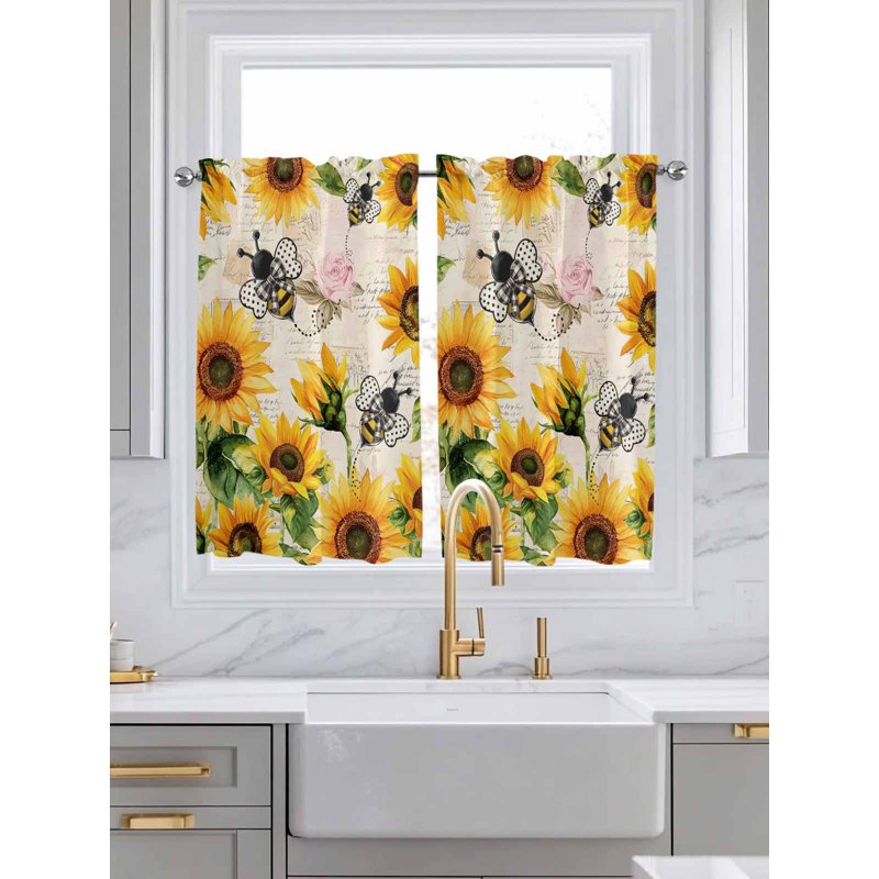 Sunflower Farmhouse Tier Curtains - Vintage Floral Window Half Privacy Drapes