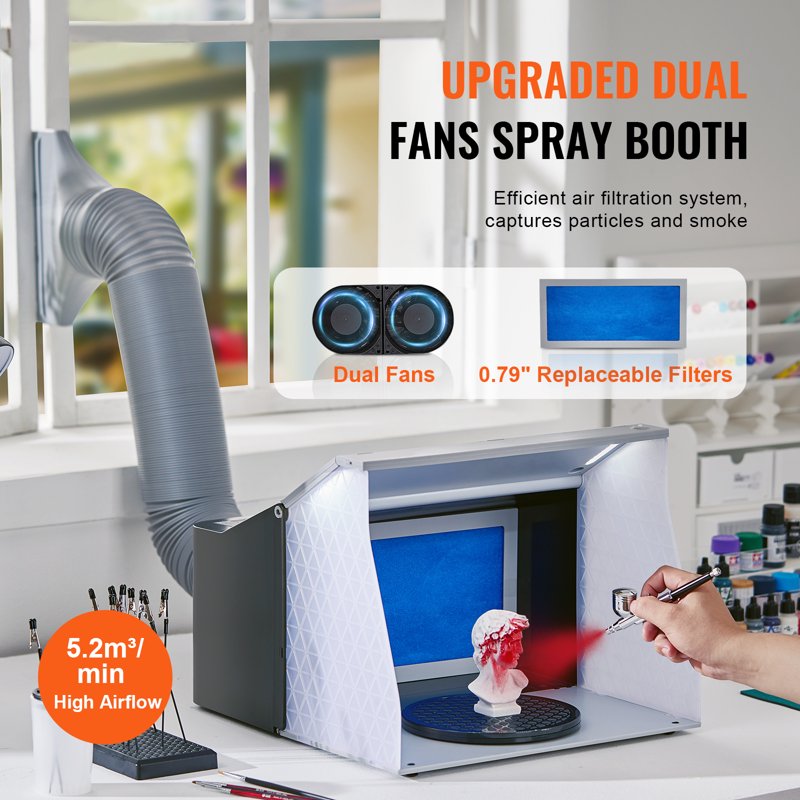 Portable Airbrush Spray Booth Kit with LED Lighting, Dual Exhaust Fans, Turntable & Extension Hose for Model Painting and Arts Crafts