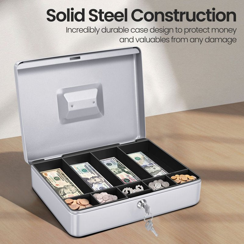 Metal Cash Box with Lock and 9 Compartments - Portable Money Organizer for Small Businesses