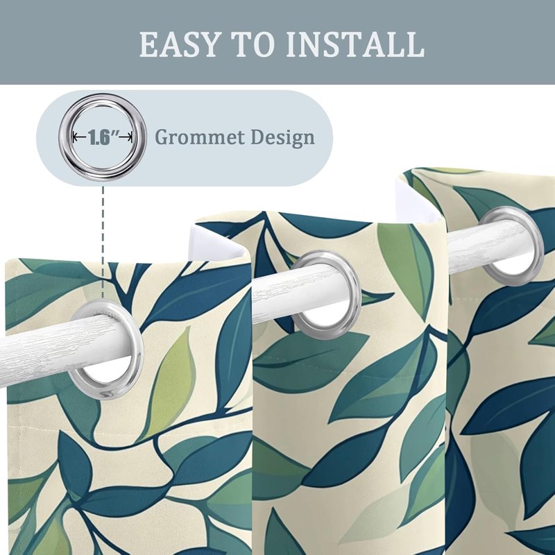 Green Leaf Curtains for Bedroom & Living Room - Blackout & Noise-Reducing Drapes, 2 Panel Sets, Multiple Sizes