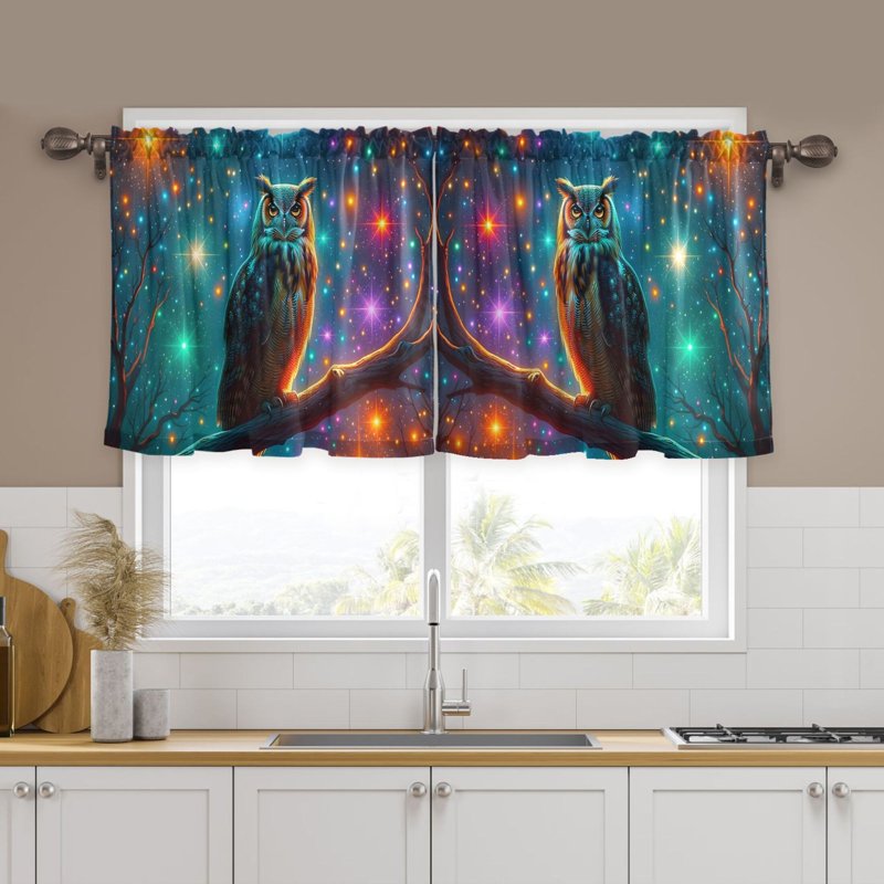 Light Filtering Tier Curtains Set with Owl and Star Design, 2 Panels