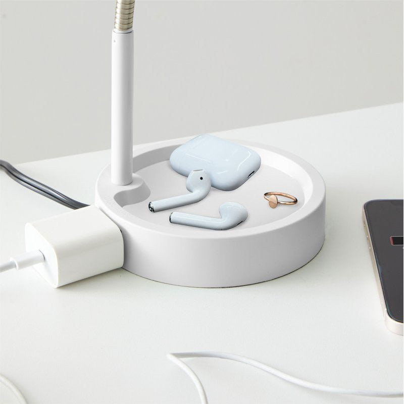 Adjustable LED Desk Lamp with Catch-All Base and AC Outlet for Office and Workspace