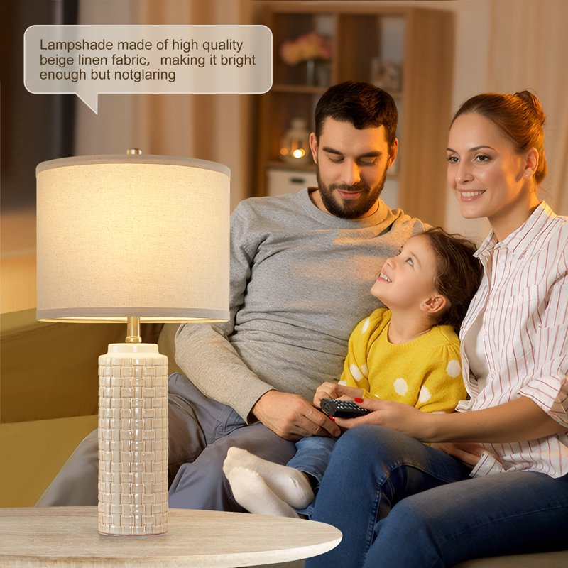Set of 2 Modern Ceramic Bedside Lamps with 3-Color Temperature Bulbs - Farmhouse Nightstand Lighting