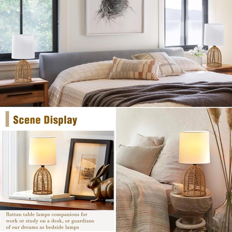 Set of 2 Rattan Boho Table Lamps - Small Farmhouse Nightstand Decor