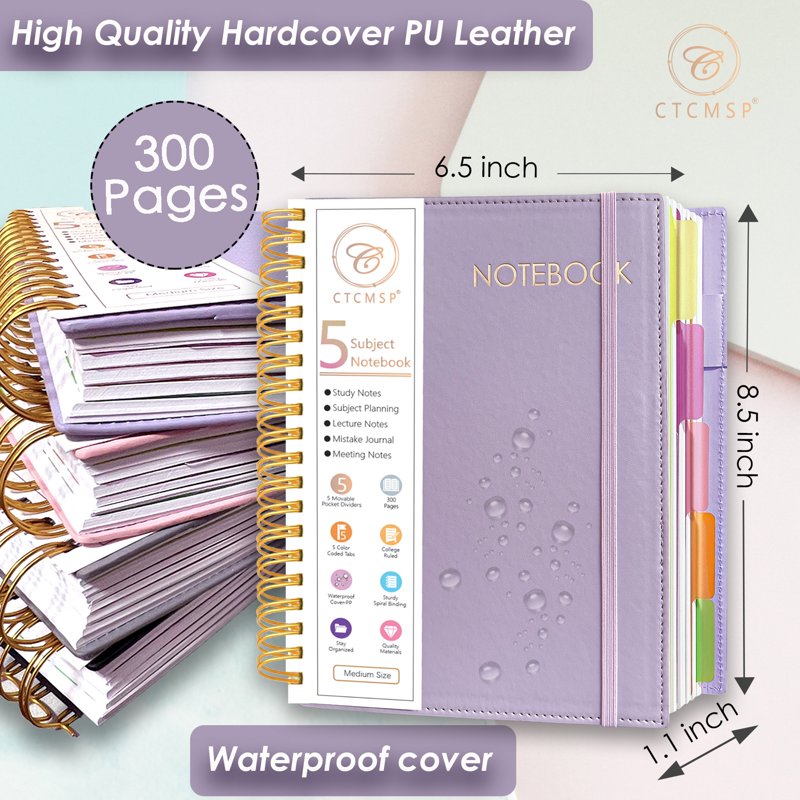 5 Subject Leather Hardcover Spiral Notebook with Removable Dividers - A5 College Ruled Organizer