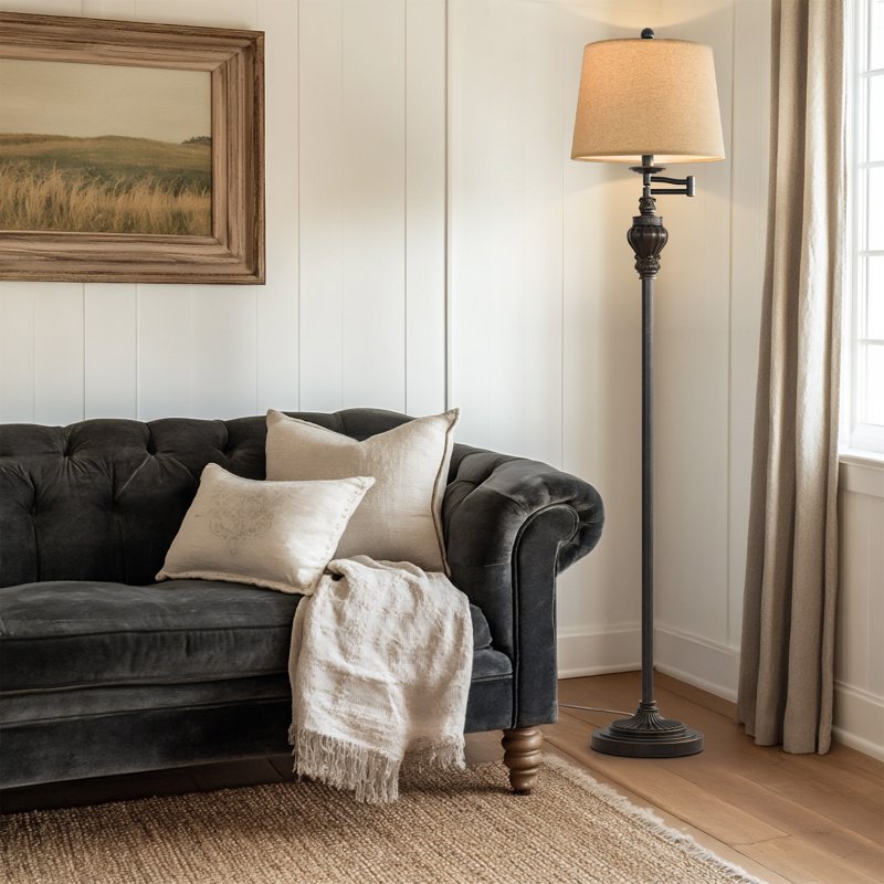 Vintage Floor Lamp with Linen Shade - Classic Rotary Switch, Dark Brown Finish, for Living Room & Bedroom
