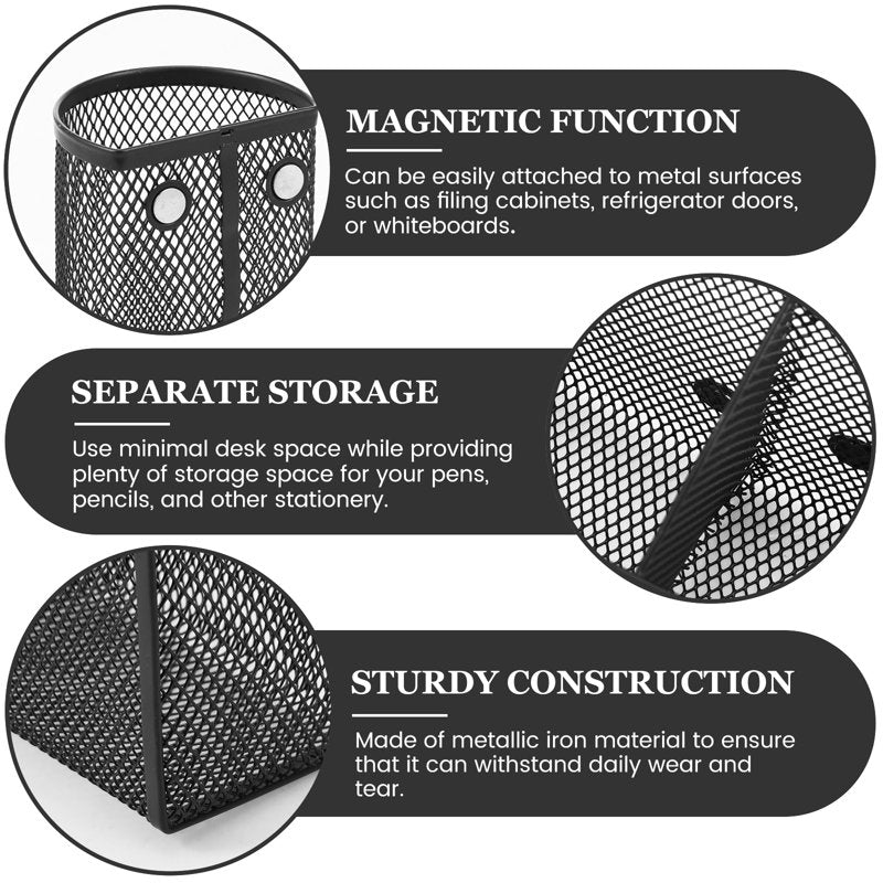 Magnetic Pen Holder & Desk Organizer Set with Metal Mesh Baskets - Black