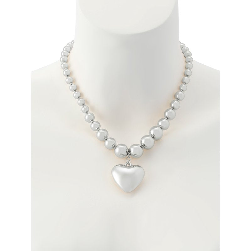 Women's Puffy Heart Pendant Necklace with Rhodium Finish - Adjustable Chain