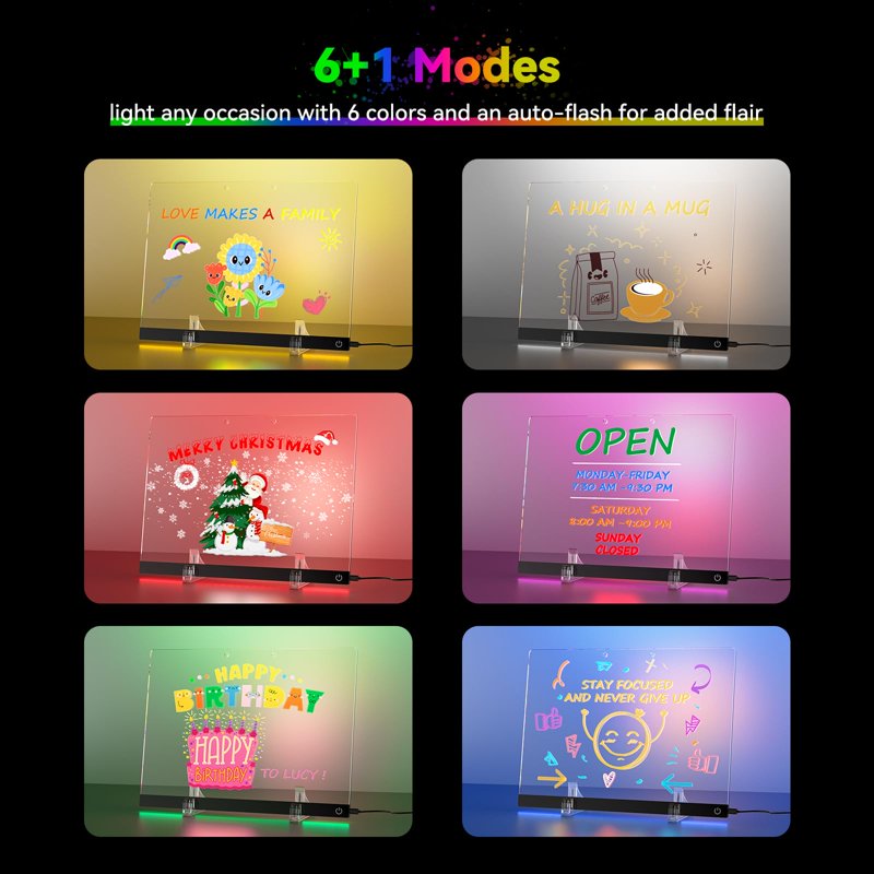 Multi-Color LED Acrylic Message Board Light Up Dry Erase Note Board with Stand & Markers