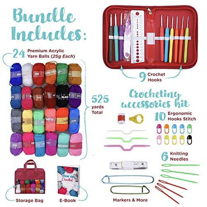 Multicolor Crochet Kit for Adults & Beginners with 24 Acrylic Yarn Balls and Accessories