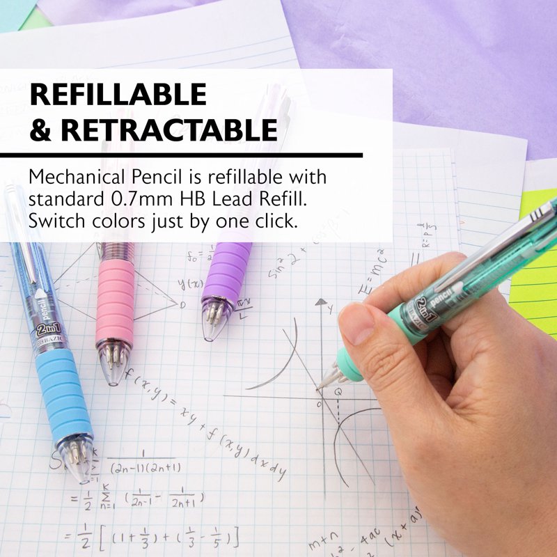 2-in-1 Mechanical Pencil & 4-Color Pen Set - Refillable, Cushioned Grip