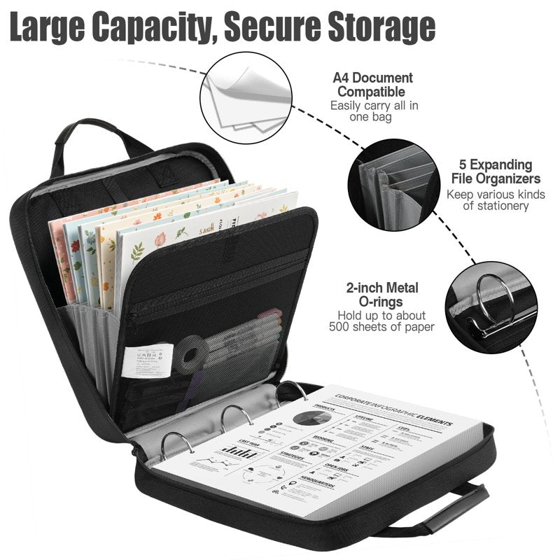 2-Inch 3-Ring Zipper Binder with Strap Handle, Multi-Pocket Office & School Organizer