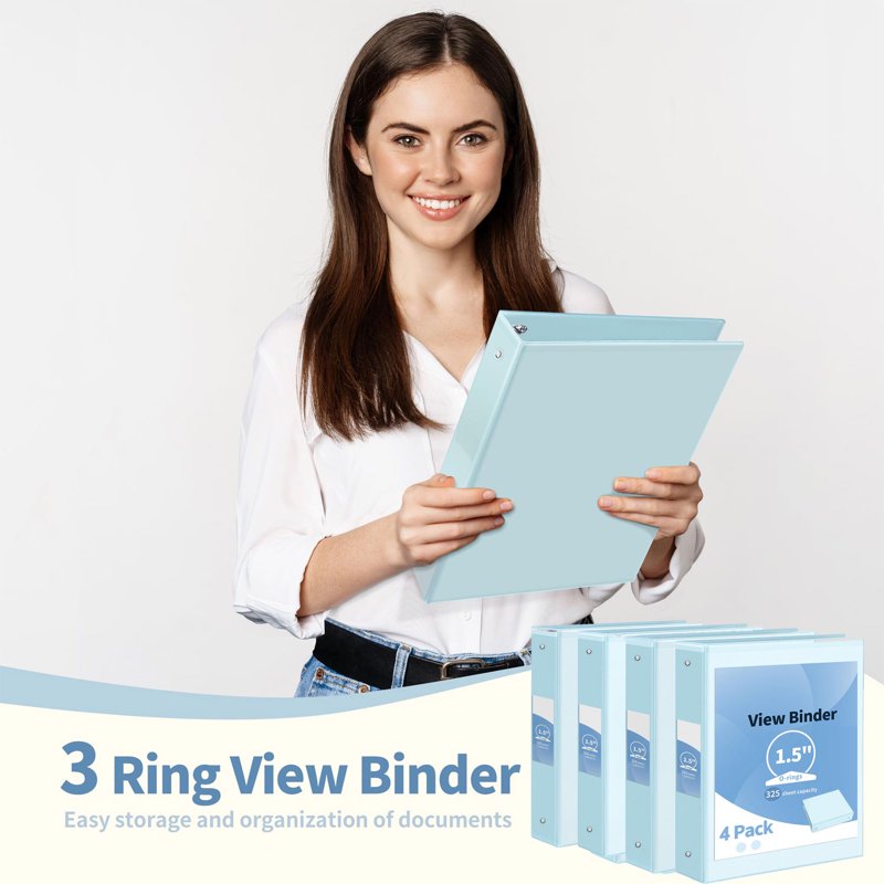 3-Ring Binder 1.5 Inch Capacity - Pack of 4 Blue Organizational Notebooks