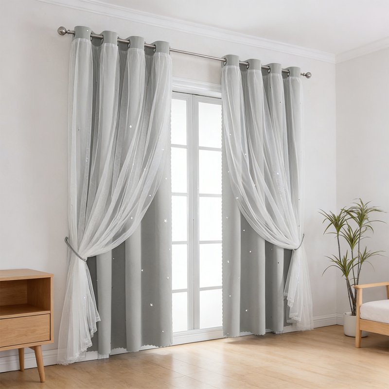Thermal Insulated Star Lace Blackout Curtains - Double Layer Window Drapes for Bedroom & Living Room