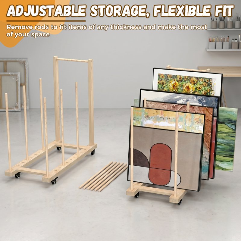 Wooden Art Storage Rack with Casters for Canvas & Artwork - 31.5 x 14.2 in