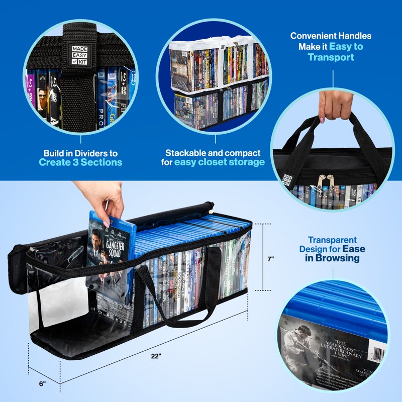 Blu-ray Media Storage Bag Case - Clear PVC Organizer for 42 Discs, Stackable, Durable Handles