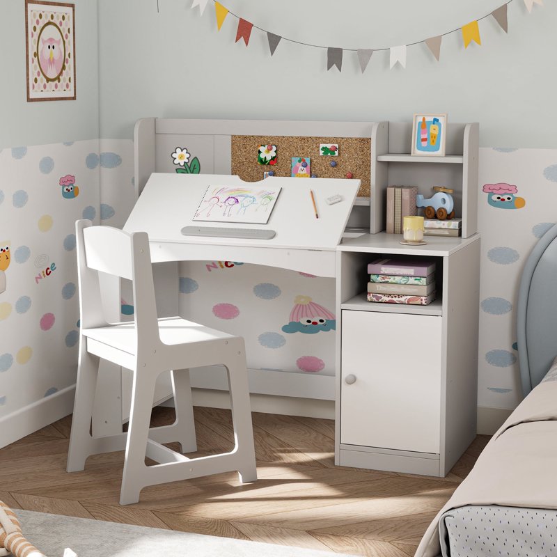 Kids Study Desk and Chair Set with Tiltable Desktop and Storage - Wooden Writing Table for Ages 5-12