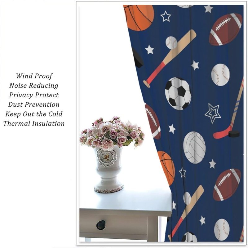 Sports Theme Curtains for Kids Bedroom & Living Room - Cartoon Basketball Football Soccer Print Insulated Drapes, 2 Panels