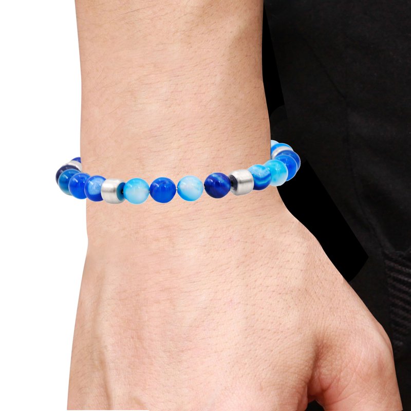 Men's Blue Agate Beaded Bracelet Stainless Steel 8 Inch Durable Jewelry