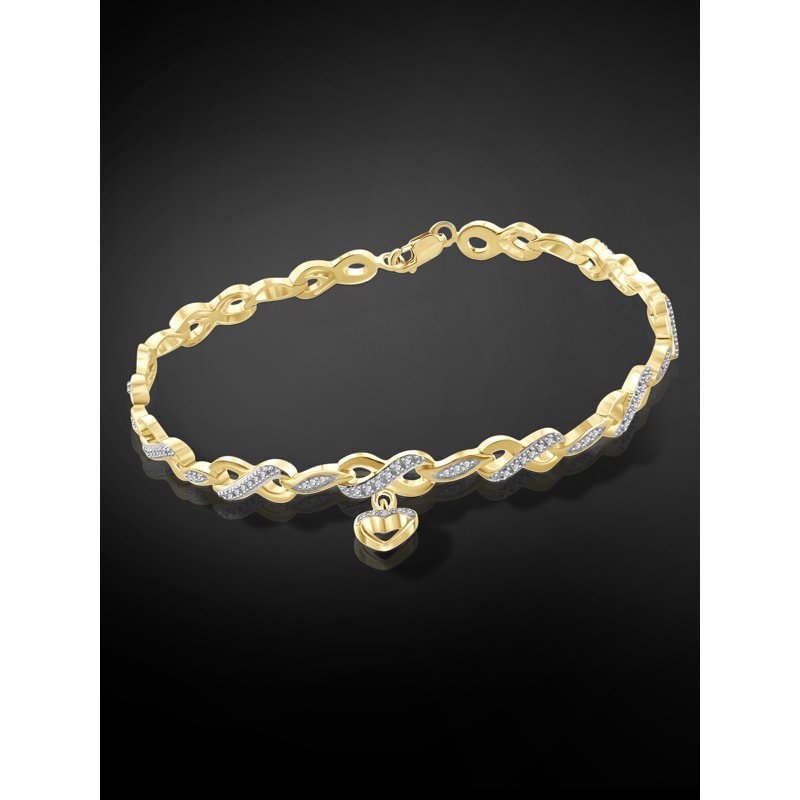 Heart and Infinity Bracelet with White Diamond Accents - 14k Gold-Plated, 7.75 Inch Beaded Links
