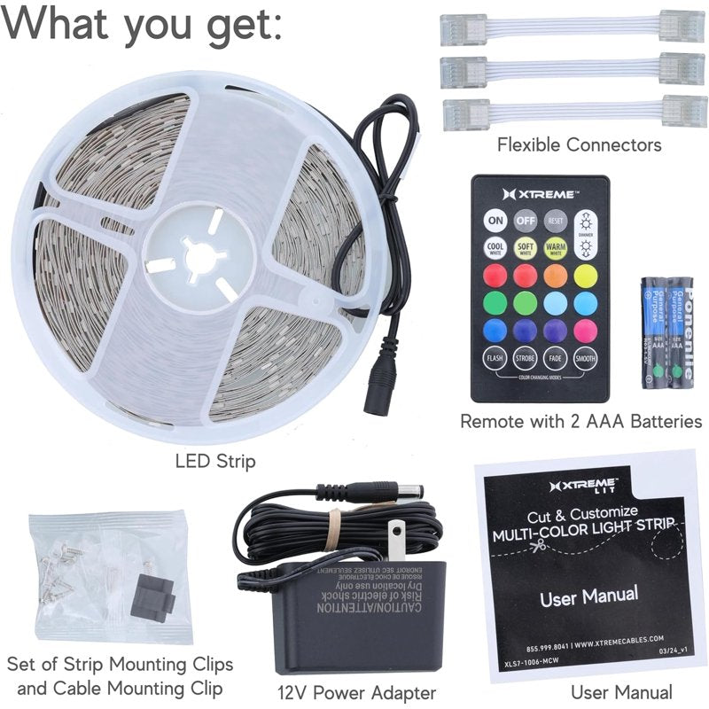 Indoor RGB LED Strip Lights Kit 200ft with Remote Control, Cuttable, Multicolor