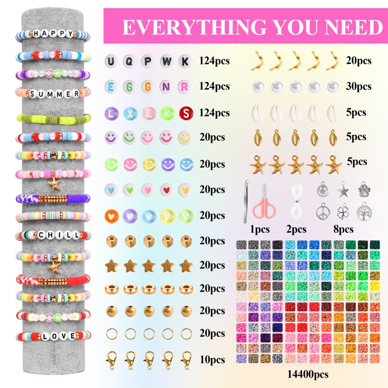 Clay Beads Bracelet Making Kit with 144 Colors & Charms - DIY Jewelry Supplies