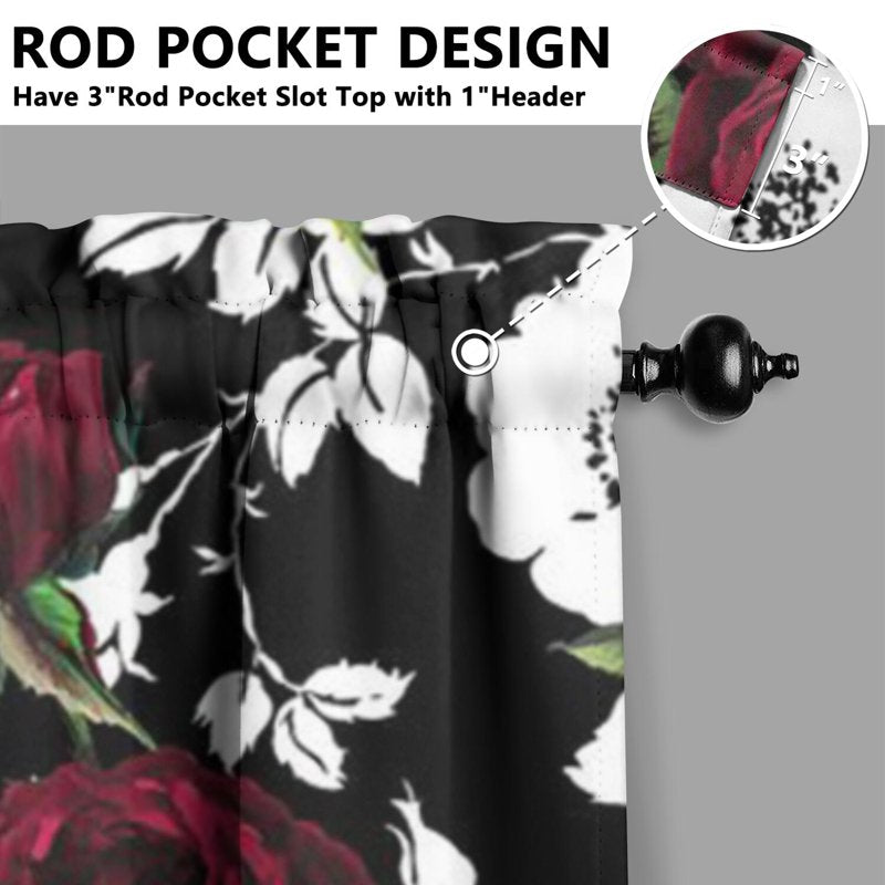 Kitchen Curtain and Valance Set 36 Inch Tier Bloom Red White Rose 3 Pieces