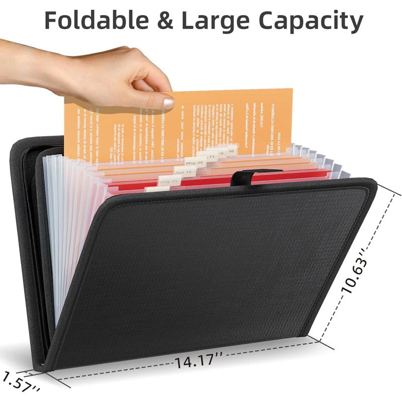 Fireproof Accordion File Organizer with Waterproof Zipper and Labels, 13 Pockets