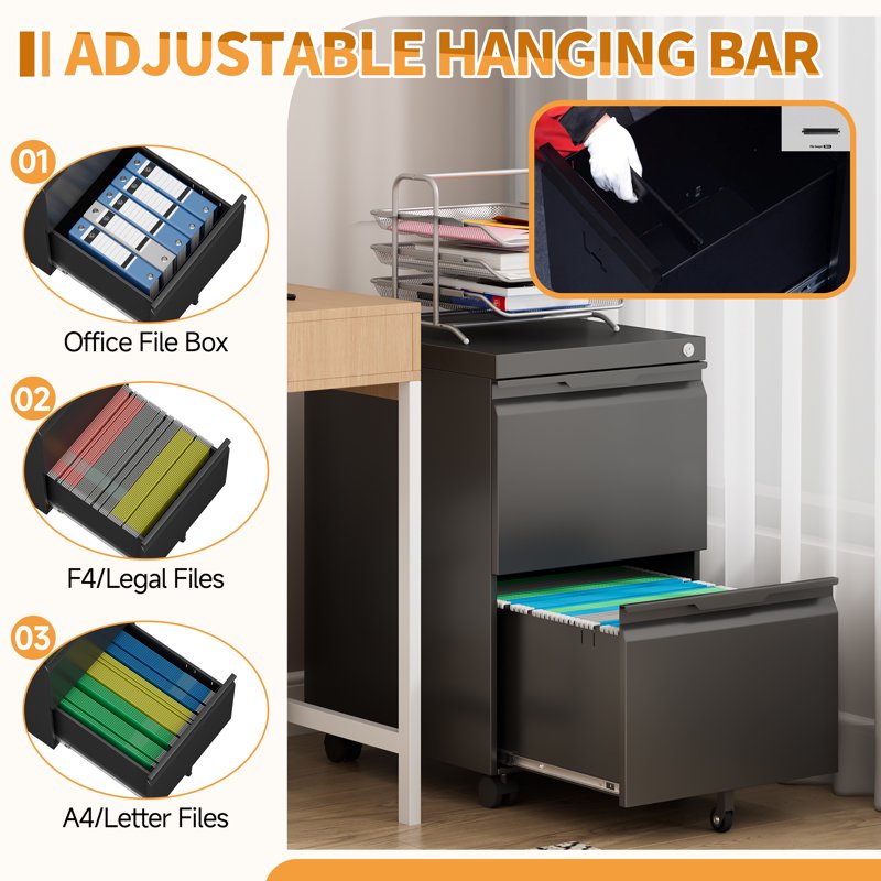 Metal File Cabinet with Lock and Wheels - Home Office Storage, 2-3 Drawer Options