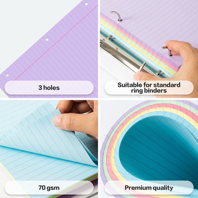 Wide Ruled Pastel Loose Leaf Notebook Paper 500 Sheets for Binders