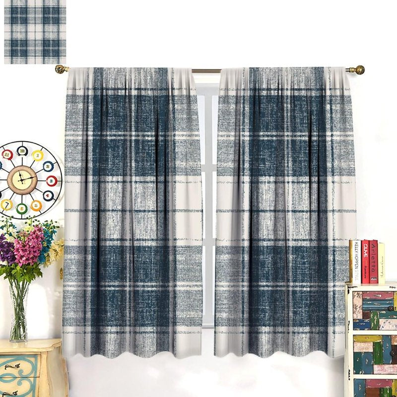 High-Resolution Plaid Pattern Thermal Insulated Curtain Set - Blue, 2 Panels