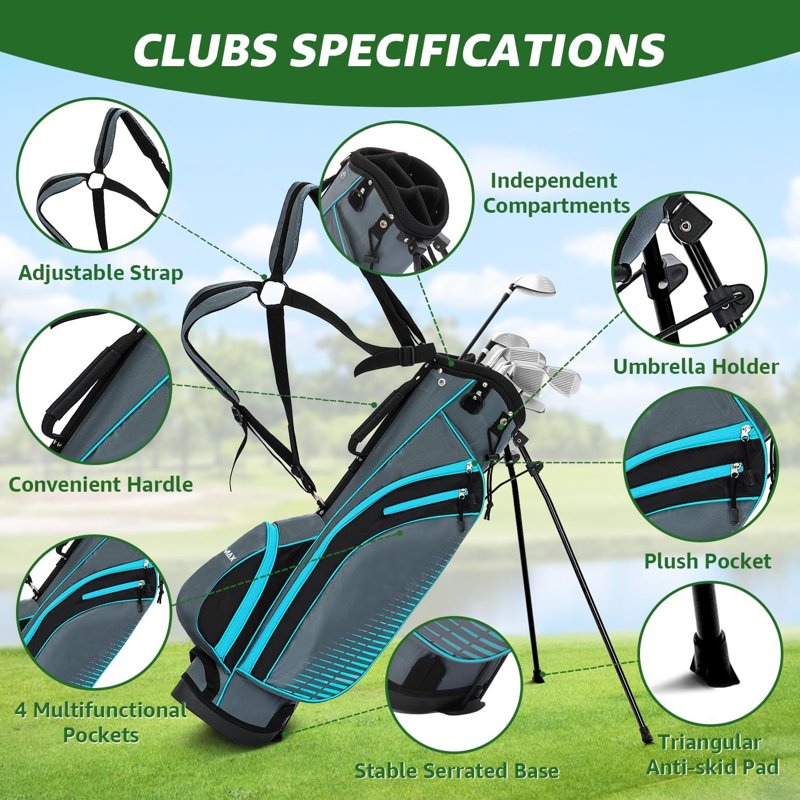 XDriveMax Left-Handed 8-Piece Women’s Golf Club Set with Stand Bag & Rain Hood - Includes Woods, Hybrids, Irons & Putter - Light Blue
